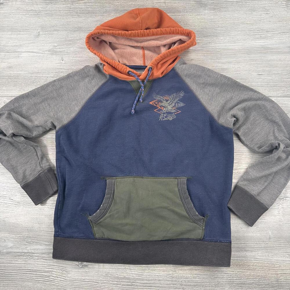 VTG Y2K American Eagle Hoodie Mens Small Blue Orange Color block Retro Heathered